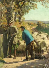 William Gunning King, Sportsman meeting a shepherd and flock, oil on canvas