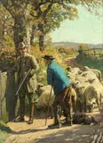 William Gunning King, Sportsman meeting a shepherd and flock, oil on canvas
