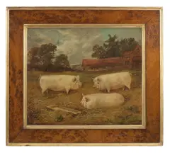 E. S. England, Three Large White Pigs in a landscape, oil on canvas