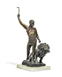 Jean Verschneider, patinated bronze figural group of a lion tamer with lion, patinated bronze