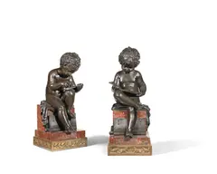 Antonio Canova, pair of late 19th century French patinated and gilt bronze figures of seated putti, gilt bronze