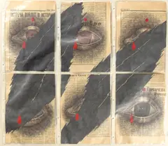 Dmitri Alexandrowitsch Prigow, Nr. 18 Syrathim, 1989, 6 Blatt: Gouache und Kugelschreiber, jew. auf Zeitungspapier, jew. in Klarsichthülle, auf Karton montiert