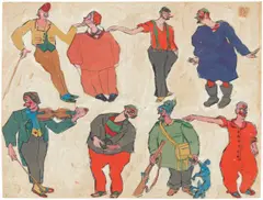 Paul Busch, Parade der Clowns, 1920, 6 Blatt: Jeweils Aquarell, Bleistift und Tuschfeder, jeweils auf bräunlichem Papier, jeweils vom Künstler aufgelegt