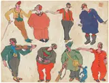 Paul Busch, Parade der Clowns, 1920, 6 Blatt: Jeweils Aquarell, Bleistift und Tuschfeder, jeweils auf bräunlichem Papier, jeweils vom Künstler aufgelegt