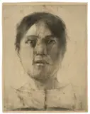 Lesser Ury, Frauenkopf, 1885, Kohle, teilweise gewischt, auf Papier, auf Pappe aufgezogen