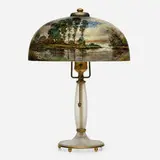 Handel, Boudoir lamp with landscape, c. 1920, obverse-painted glass, acid-etched glass