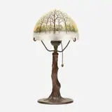 Handel, Boudoir lamp with winter scene, c. 1915, obverse-painted, reverse-painted, and acid-etched glass, patinated metal