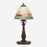 Handel, Boudoir lamp with Venetian scene, c. 1913, reverse-painted and acid-etched glass, patinated metal