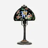 Handel, Boudoir lamp with parakeets, c. 1922, reverse-painted and acid-etched glass, enameled and gilt metal