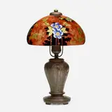 Handel, Boudoir lamp with roses and butterflies, c. 1923, reverse-painted and acid-etched glass, patinated metal