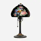 Handel, Boudoir lamp with parakeets, c. 1922, reverse-painted and acid-etched glass, enameled and gilt metal