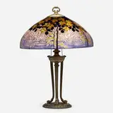 Handel, Table lamp with leaves, c. 1920, reverse-painted and acid-etched glass, patinated metal