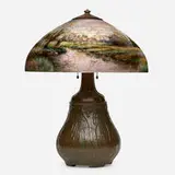 Handel, Table lamp with trees, c. 1920, reverse-painted and acid-etched glass, patinated metal