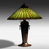 Roycroft, Table lamp, model 905, c. 1925, leaded slag glass, hammered copper with applied patina