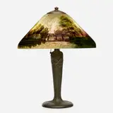 Table lamp with footbridge by Handel, c. 1911, obverse-painted, reverse-painted, and acid-etched glass, patinated metal, sold Jan 2021