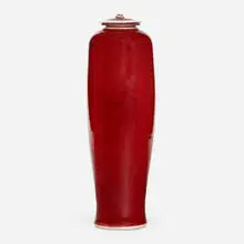 vase with cover by Brother Thomas Bezanson, c. 1990, Copper Red glazed porcelain, sold Sep 2020