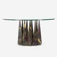 dining table, model PE 46 by Paul Evans, 1969, welded and patinated steel, glass, sold Sep 2020