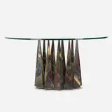dining table, model PE 46 by Paul Evans, 1969, welded and patinated steel, glass, sold Sep 2020