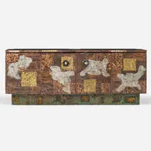 Patchwork cabinet by Paul Evans, c. 1970, welded and enameled steel, welded and patinated copper, slate, brass, sold Sep 2020