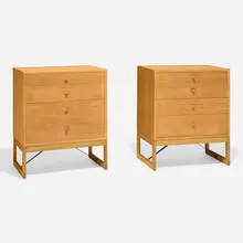 Cabinets, pair by Børge Mogensen, c. 1955, teak, oak, lacquered wood, enameled steel, sold Nov 2024