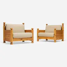 Lounge chairs, pair by Uno and Osten Kristiansson, c. 1975, pine, cotton upholstery, sold Nov 2024