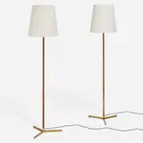 Floor lamps, pair by Svend Aage Holm-Sørensen, c. 1950, lacquered steel, brass, linen shades, sold Nov 2024