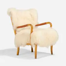 Werner West, Lounge chair, c. 1945, sheepskin, birch, leather