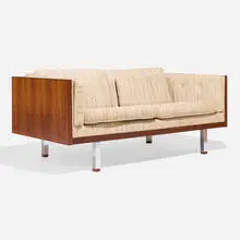 IC Interform Collection settee by Jydsk Møbelvaerk, c. 1965, rosewood, upholstery, chrome-plated steel, sold Nov 2024
