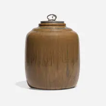 Patrick Nordström, Lidded vessel, 1924, glazed stoneware, silver-plated brass