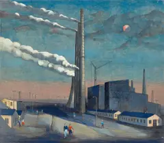 Abend am Erdölverarbeitungswerk Schwedt by Karl Hermann Roehricht, 1970, Öl, Tempera, Deckweiß und Tusche auf Hartfaser, sold Jan 2022