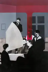 Tilo Baumgartel, Ohne Titel (Interieurszene mit 6 Personen um einen Tisch), 1998, Öl auf Holz