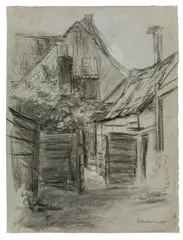 Hof in Katwijk by Max Liebermann, Um 1890, Kreide, weiß gehöht, auf grauem Papier, sold May 2011