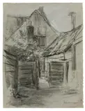 Max Liebermann, Hof in Katwijk, Um 1890, Kreide, weiß gehöht, auf grauem Papier