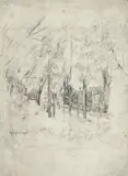 Max Liebermann, Holländische Dorfstraße in Katwijk, 1887, Bleistift auf hellgrauem Papier