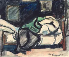 Walter Gramatté, Weinende Frau“ (auf Bett sitzend), 1916, Aquarell über Bleistift auf Papier (aus einem Skizzenblock)