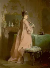 Pancraz Körle, Frau mit Karten im Rokoko-Boudoir, Öl auf Holz
