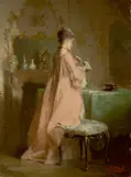Pancraz Körle, Frau mit Karten im Rokoko-Boudoir, Öl auf Holz