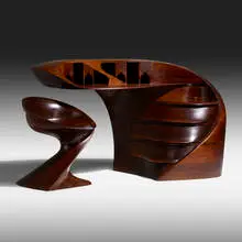 Michael Coffey, Early El Morro desk and chair, 1973, laminated and carved African mozambique