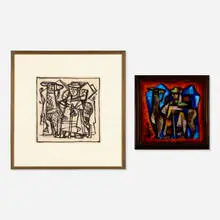 Karl Drerup, Untitled (farmer and llama), enameled metal, ink on paper
