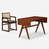 armchair and desk, Chandigarh by Pierre Jeanneret, c. 1960, teak, cane, upholstery, sold Sep 2020