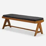 bench from the M.L.A. Flats building, Chandigarh by Pierre Jeanneret, c. 1955, teak, upholstery, sold Sep 2020