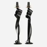 Albert Paley, Cloaked Nuance Candleholders, pair, 2019, forged mild steel with a blackened patina, removable brass bobeches (collars)
