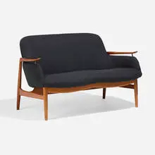 Settee, model NV-53 by Finn Juhl, 1953, upholstery, teak, brass, sold Nov 2024