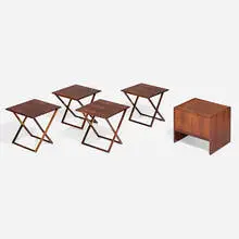 Illum Wikkelsø, Folding table set, c. 1965, rosewood, brass