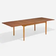 Drop-leaf dining table by Børge Mogensen, c. 1955, teak, oak, brass, sold Nov 2024