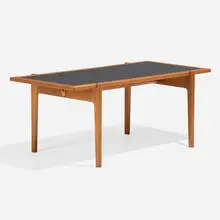 Coffee table, model JH 575 by Hans J. Wegner, c. 1950, teak, oak, Formica, brass, sold Nov 2024