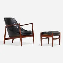 Ib Kofod-Larsen, Elizabeth lounge chair and ottoman, 1956, leather upholstery, teak