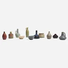 Collection of eleven miniature vessels by Carl-Harry Stålhane, c. 1955, glazed stoneware, sold Nov 2024