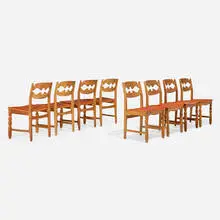 Henning Kjaernulf, Dining chairs model 66, set of eight, c. 1960, oak, vinyl