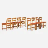 Henning Kjaernulf, Dining chairs model 66, set of eight, c. 1960, oak, vinyl